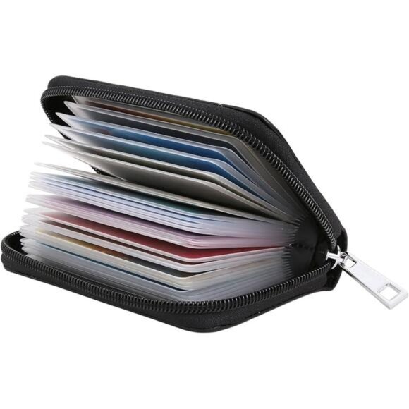 Leather RFID Credit Card Holder Wallet with Zipper and 26 Card Slots Small - Picture 1 of 8